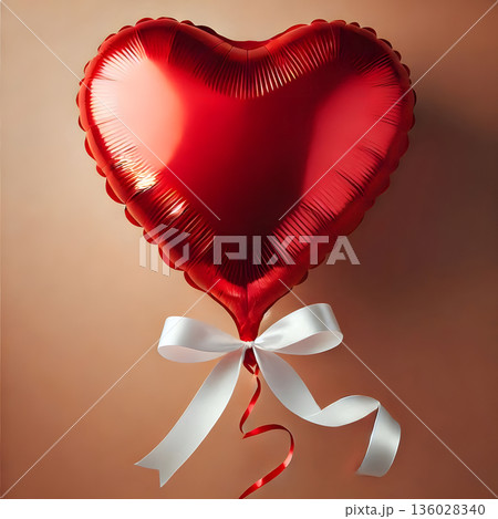 Red heart-shaped foil balloon with a white ribbon bow against a neutral background 136028340