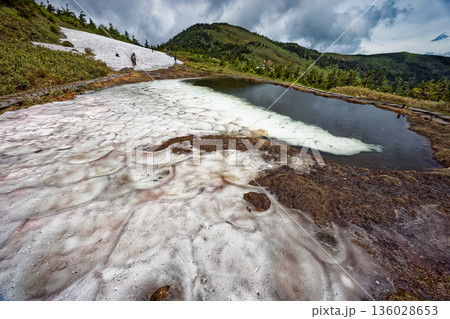 残雪の駒ノ大池と会津駒ヶ岳山頂 136028653