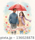 Happy valentine's day. A romantic illustration of a couple standing under a red umbrella in the rain 136028878