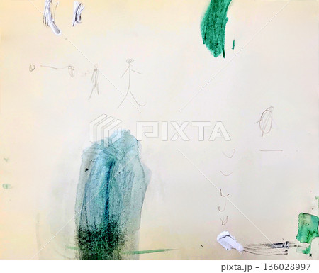青と緑の抽象的な形と歩く人物を水彩と鉛筆で描いた手描きのイラスト素材 青と緑の抽象的な形と歩く人物を水彩と鉛筆で描いた手描きのイラスト素材 136028997