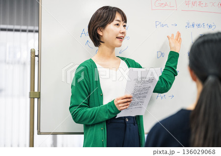 営業会議で話す若い女性社員 136029068