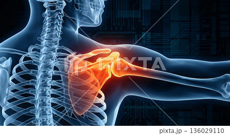 肩甲骨の痛みとコリのイメージイラスト 背中の骨格レントゲン 3DCG 肩甲骨の痛みとコリのイメージイラスト 背中の骨格レントゲン 3DCG 136029110