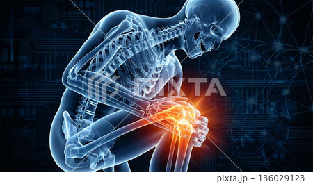 膝の痛みと変形性膝関節症のイラスト 膝関節の骨格レントゲン 3DCG 広告素材 136029123