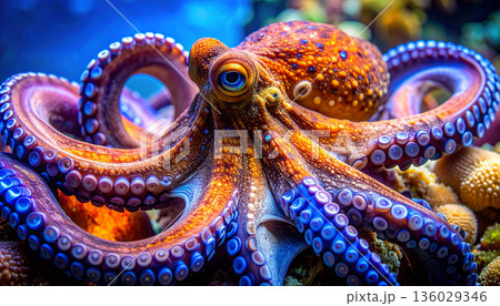 Colorful Octopus Close-Up Underwater 136029346