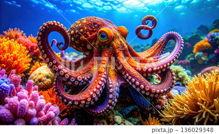 Bright Orange Octopus in Coral Reef Bright Orange Octopus in Coral Reef 136029348