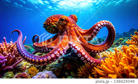 Bright Orange Octopus in Coral Reef Bright Orange Octopus in Coral Reef 136029349