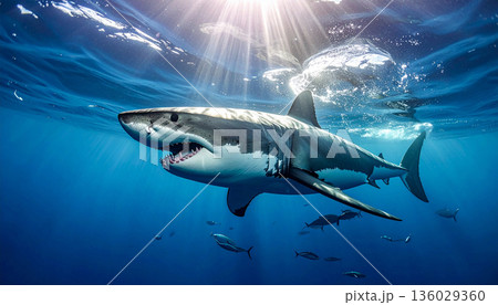 Great White Shark Swimming Underwater Great White Shark Swimming Underwater 136029360