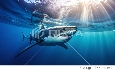 Great White Shark Swimming Underwater 136029361