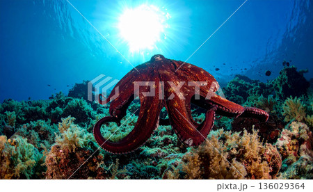 Octopus Resting on Coral Reef Seabedのイラスト素材 [136029364] - PIXTA
