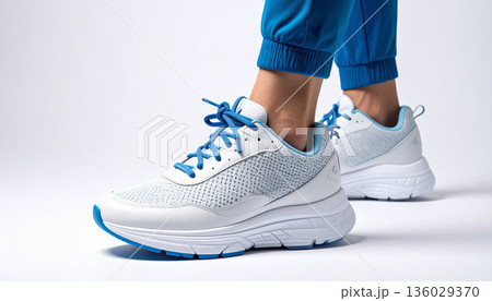 White Sneakers Worn During Outdoor Walk 136029370