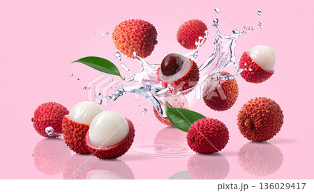 Lychee Fruit Splash on Pink Background Lychee Fruit Splash on Pink Background 136029417