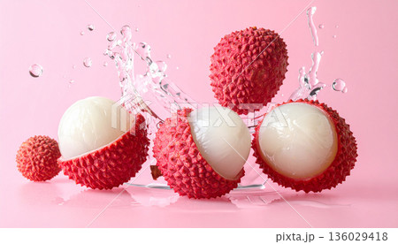 Lychee Fruit Splash on Pink Background 136029418