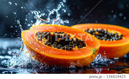 Papaya Slice Splashing Water Papaya Slice Splashing Water 136029425