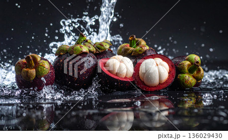 Mangosteen with Water Splash on Black Background 136029430