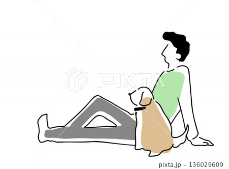 犬と一緒に座っている男性の線画イラスト　色付き 136029609