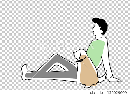 一幅彩色線條畫，描繪了一個男人和一隻狗坐在一起。 136029609