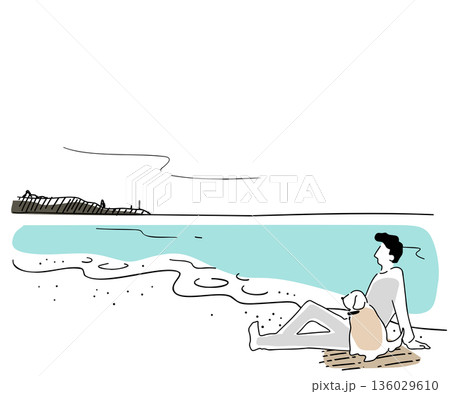 犬と海岸に座る男性の線画イラスト　色付き 136029610