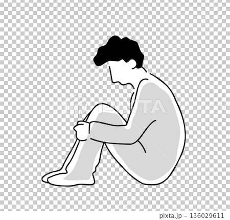 線條畫插圖,描繪一個男人抱著膝蓋。 線條畫插圖,描繪一個男人抱著膝蓋。 136029611