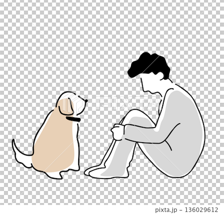 Colored line drawing of a man holding his knees and a dog Colored line drawing of a man holding his knees and a dog 136029612