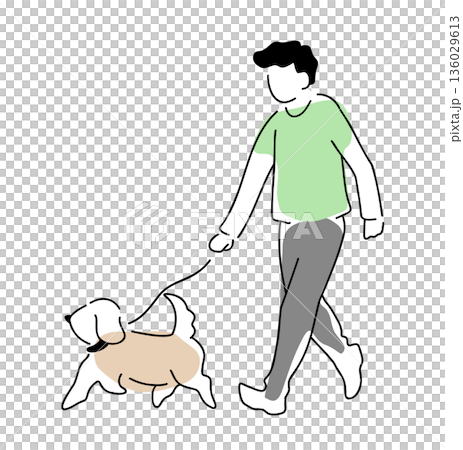 Colored line drawing of a man walking a dog Colored line drawing of a man walking a dog 136029613