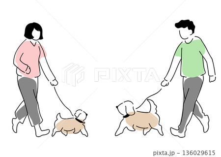 犬と散歩する人々の線画イラスト 色付き 犬と散歩する人々の線画イラスト 色付き 136029615