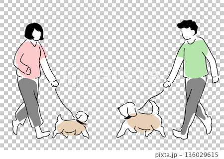 犬と散歩する人々の線画イラスト 色付き 犬と散歩する人々の線画イラスト 色付き 136029615
