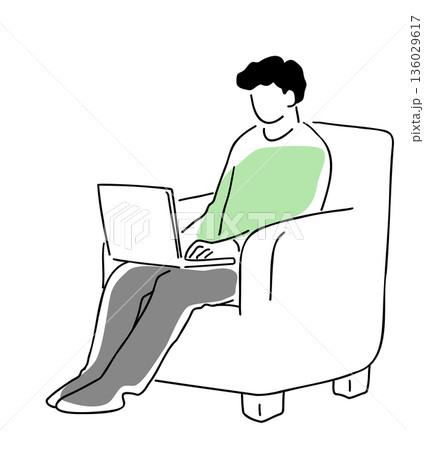ソファに座ってパソコンをする男性の線画イラスト 色付き ソファに座ってパソコンをする男性の線画イラスト 色付き 136029617