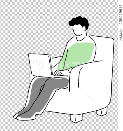 ソファに座ってパソコンをする男性の線画イラスト 色付き ソファに座ってパソコンをする男性の線画イラスト 色付き 136029617