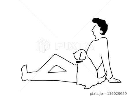 犬と一緒に座っている男性の線画イラスト 犬と一緒に座っている男性の線画イラスト 136029629