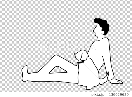 犬と一緒に座っている男性の線画イラスト 犬と一緒に座っている男性の線画イラスト 136029629