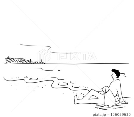 犬と海岸に座る男性の線画イラスト 犬と海岸に座る男性の線画イラスト 136029630