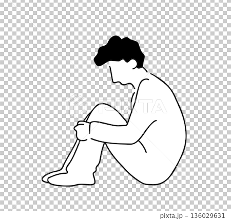 Line drawing illustration of a man holding his knees 136029631
