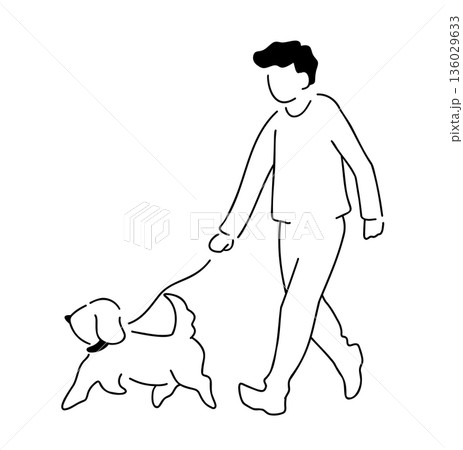 犬と散歩中の男性の線画イラスト 犬と散歩中の男性の線画イラスト 136029633