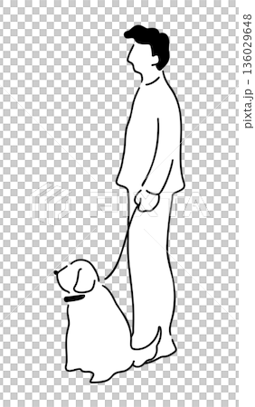 犬と散歩中の男性の線画イラスト 136029648