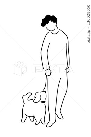 犬と散歩中の男性の線画イラスト 136029650