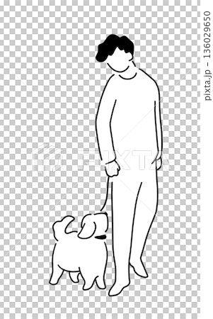 犬と散歩中の男性の線画イラスト 136029650