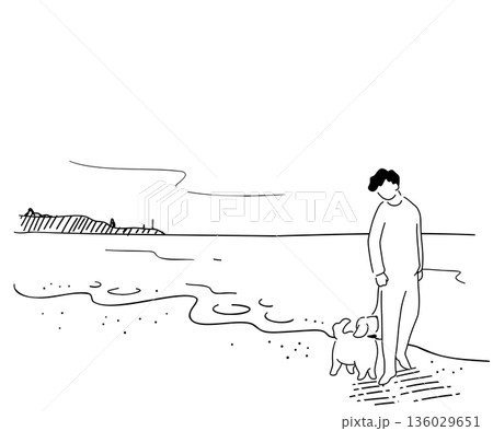 犬と海岸を散歩する男性の線画イラスト 136029651