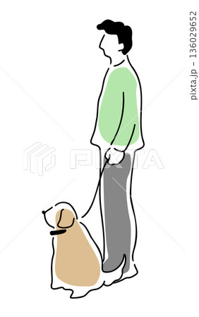犬と散歩中の男性の線画イラスト 色付き 犬と散歩中の男性の線画イラスト 色付き 136029652