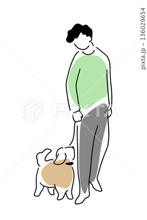 犬と散歩中の男性の線画イラスト　色付き 136029654