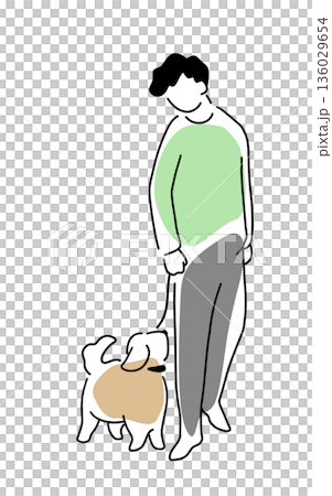 犬と散歩中の男性の線画イラスト　色付き 136029654