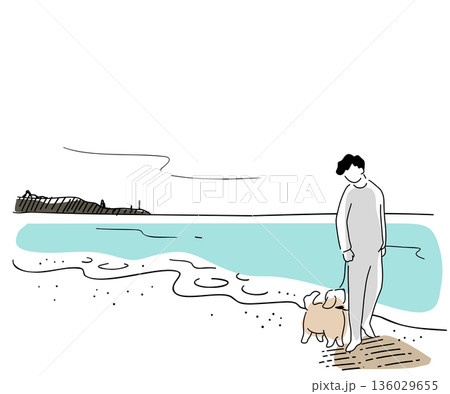 犬と海岸を散歩する男性の線画イラスト 色付き 犬と海岸を散歩する男性の線画イラスト 色付き 136029655