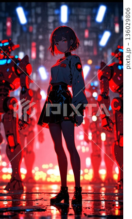 赤い風景のロボットの中にいる美少女イラスト 136029806