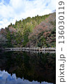 紅葉に包まれた秋の池 136030119