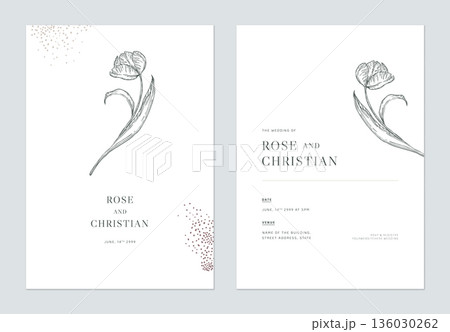 Minimal floral wedding invitation card template design, vintage tulip line art ink drawing on white Minimal floral wedding invitation card template design, vintage tulip line art ink drawing on white 136030262