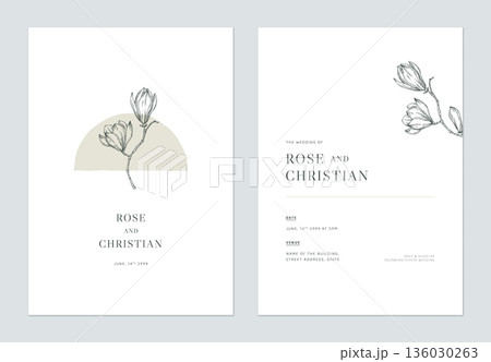 Minimal floral wedding invitation card template design, vintage magnolia line art ink drawing on white Minimal floral wedding invitation card template design, vintage magnolia line art ink drawing on white 136030263