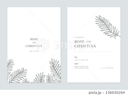 Minimal floral wedding invitation card template design, vintage palm leaves line art ink drawing on white Minimal floral wedding invitation card template design, vintage palm leaves line art ink drawing on white 136030264