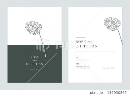 Minimal floral wedding invitation card template design, vintage Split-leaf Philodendron leaves line art ink drawing on white Minimal floral wedding invitation card template design, vintage Split-leaf Philodendron leaves line art ink drawing on white 136030265