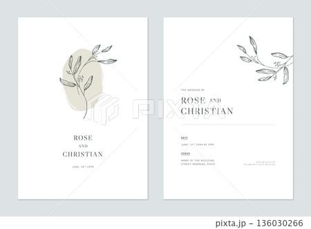 Minimal floral wedding invitation card template design, vintage leaves line art ink drawing on white 136030266