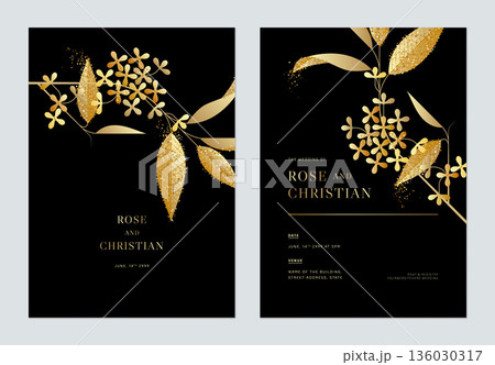 Floral wedding invitation card template design, golden Osmanthus fragrans flowers with leaves on black 136030317
