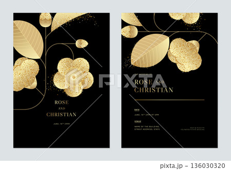 Floral wedding invitation card template design, golden camellia flowers with leaves on black Floral wedding invitation card template design, golden camellia flowers with leaves on black 136030320